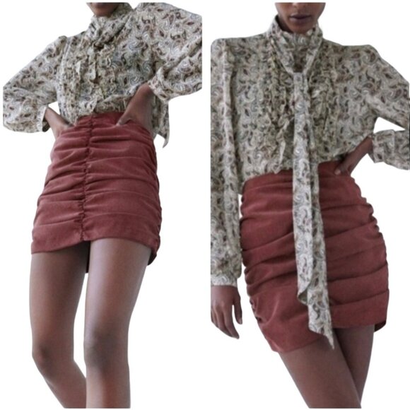 Zara Draped Corduroy Ruched Mini Skirt Size Large - Picture 2 of 11